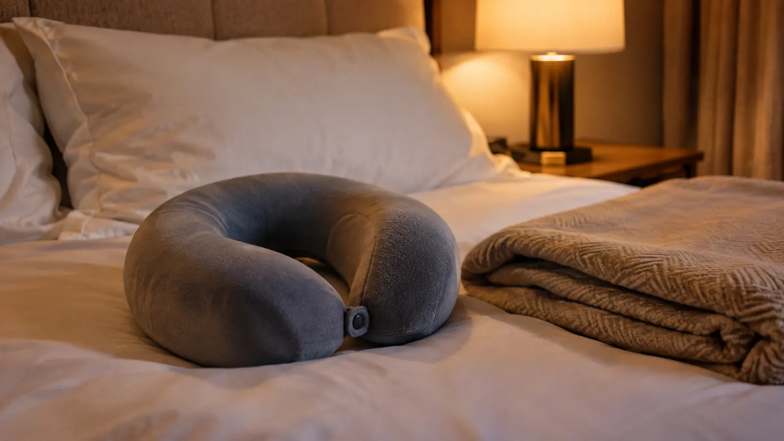 A memory foam neck pillow resting on a hotel bed beside a folded blanket