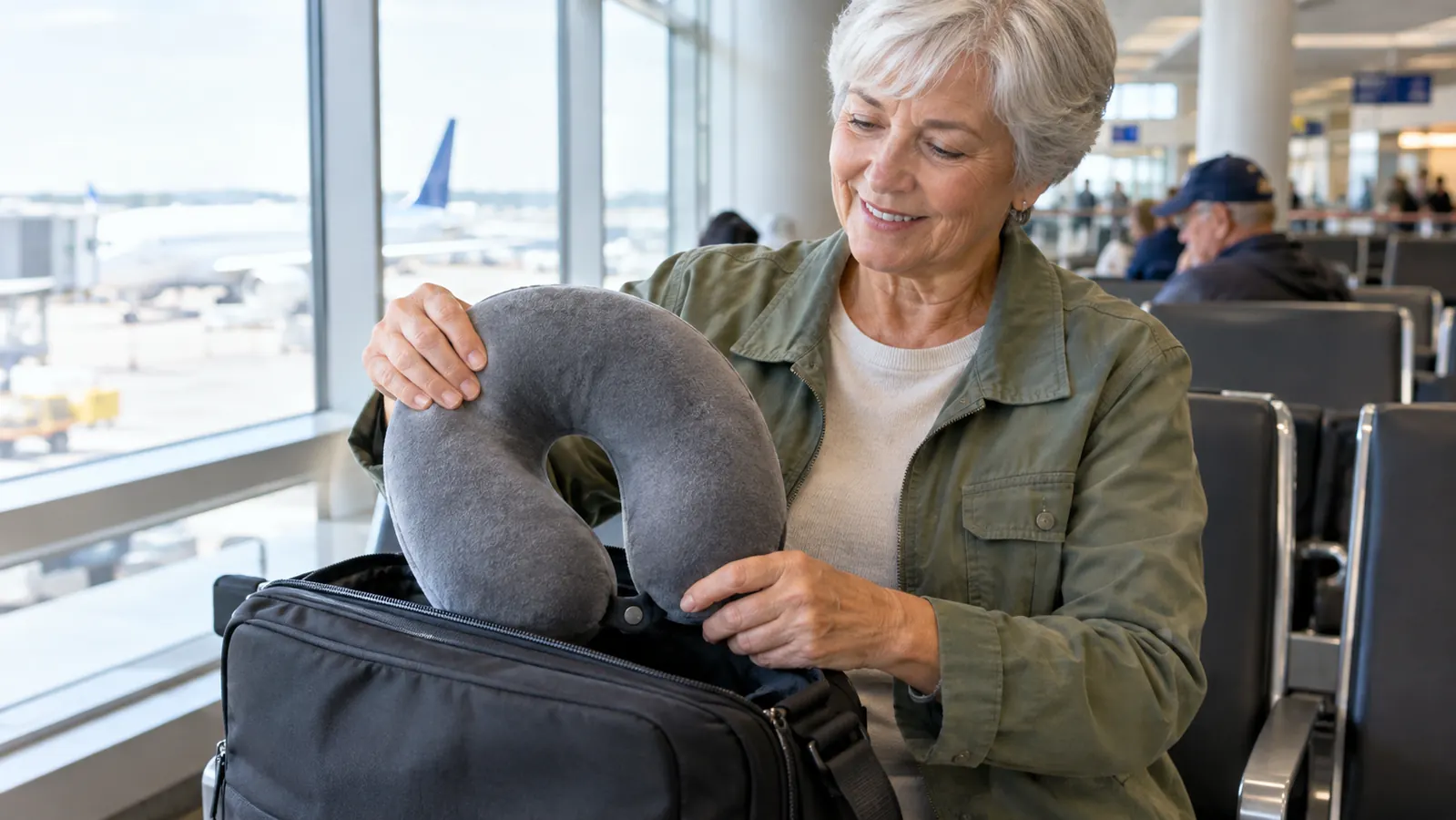 A traveler lifting a memory foam travel neck pillow out of an open carry-on bag at the airport