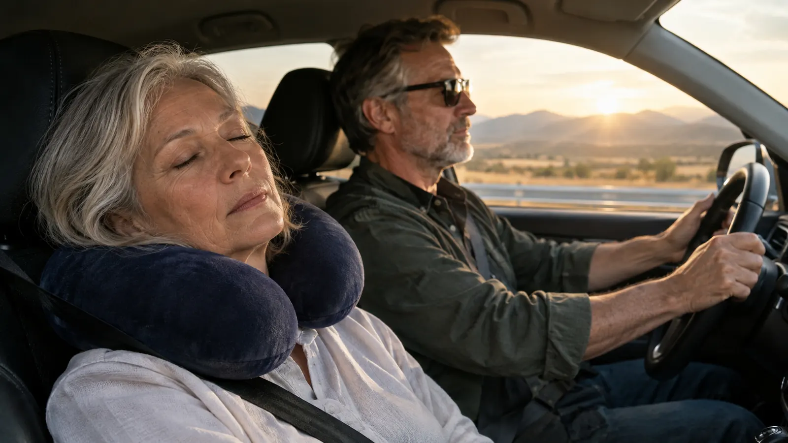 A couple on a long highway drive, the passenger dozing with a memory foam travel neck pillow around her neck