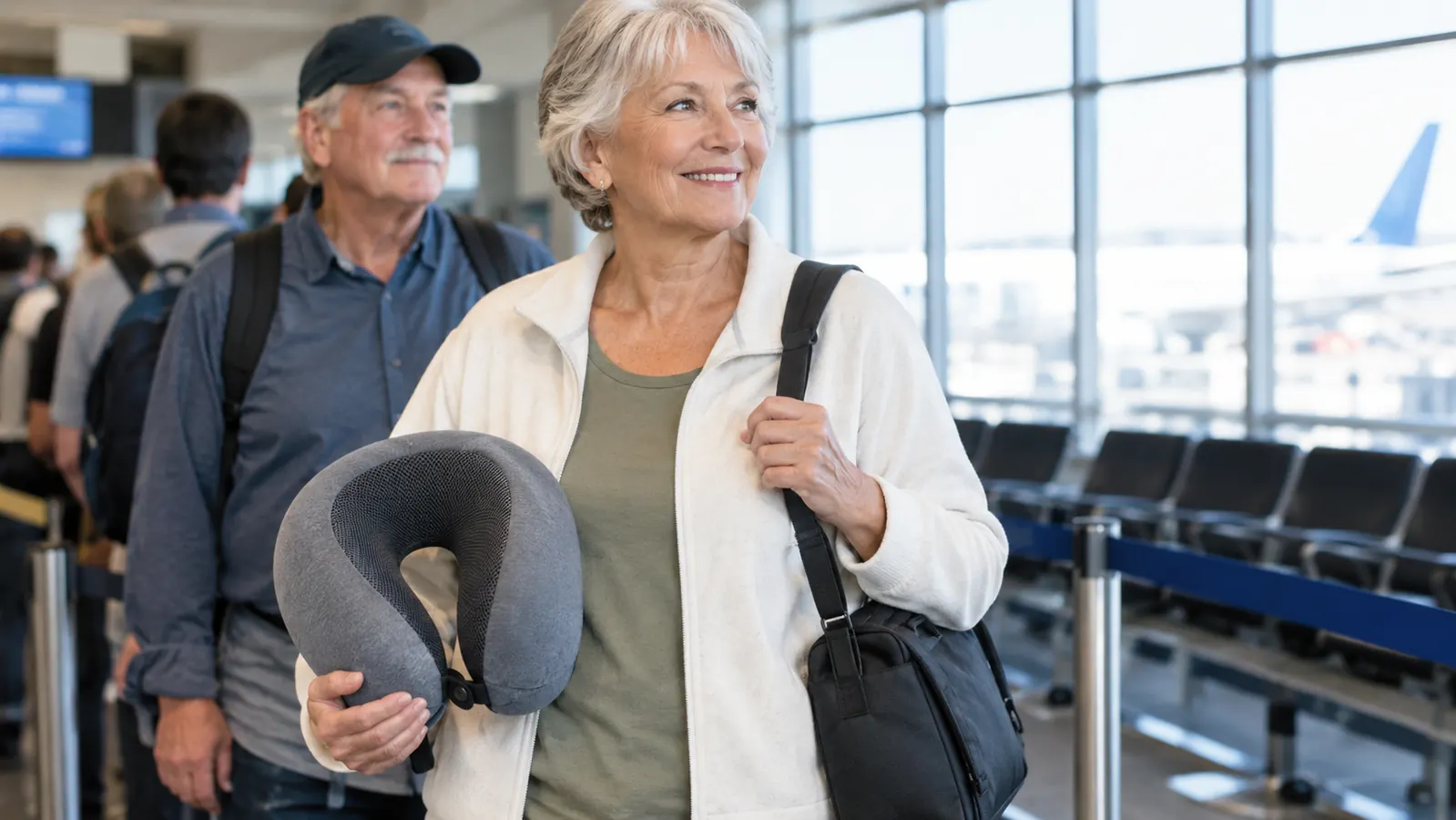 A traveler holding a memory foam neck pillow in one hand while boarding a plane with a small carry-on