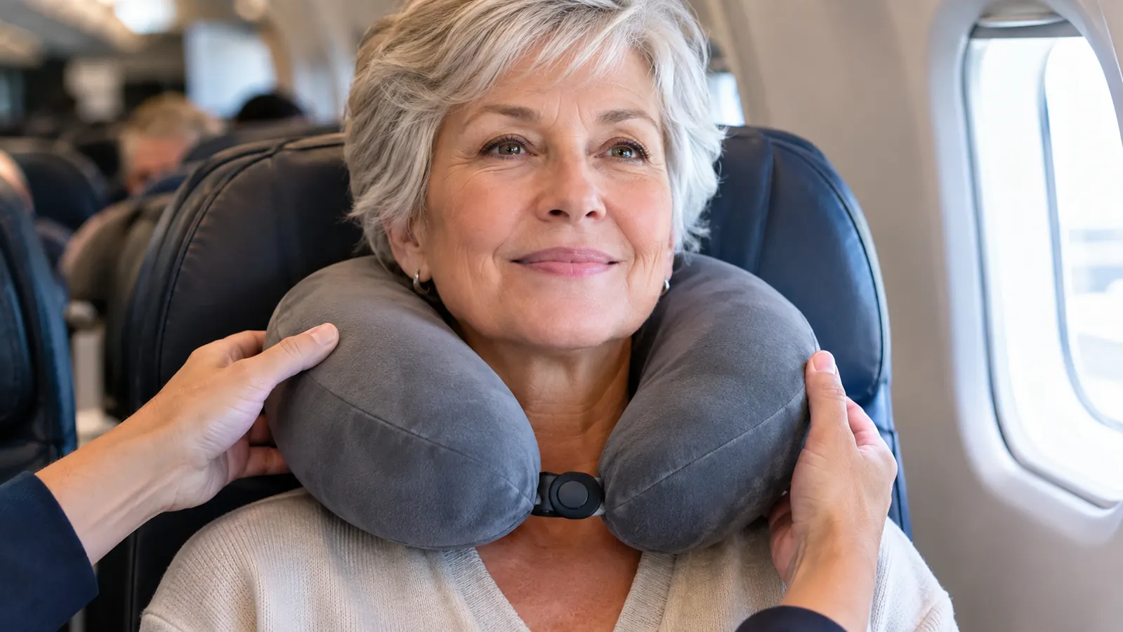 A hand placing a memory foam neck pillow around a traveler's neck in an airplane seat