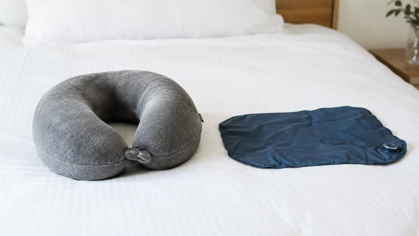 A memory foam neck pillow and a deflated inflatable pillow side by side on a hotel bed, showing the difference in bulk